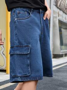 Manfinity EMRG Men Flap Pocket Side Bermuda Loose Denim Shorts - Medium Wash - View 3