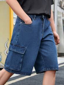 Manfinity EMRG Men Flap Pocket Side Bermuda Loose Denim Shorts - Medium Wash - View 5