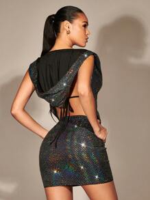 SHEIN BAE Draped Collar Backless Sequin Hooded Bodycon Dress - Black - View 2