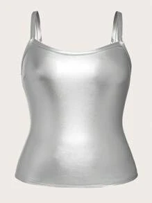 SHEIN ICON Plus Solid PU Leather Cami Top - Silver - View 1