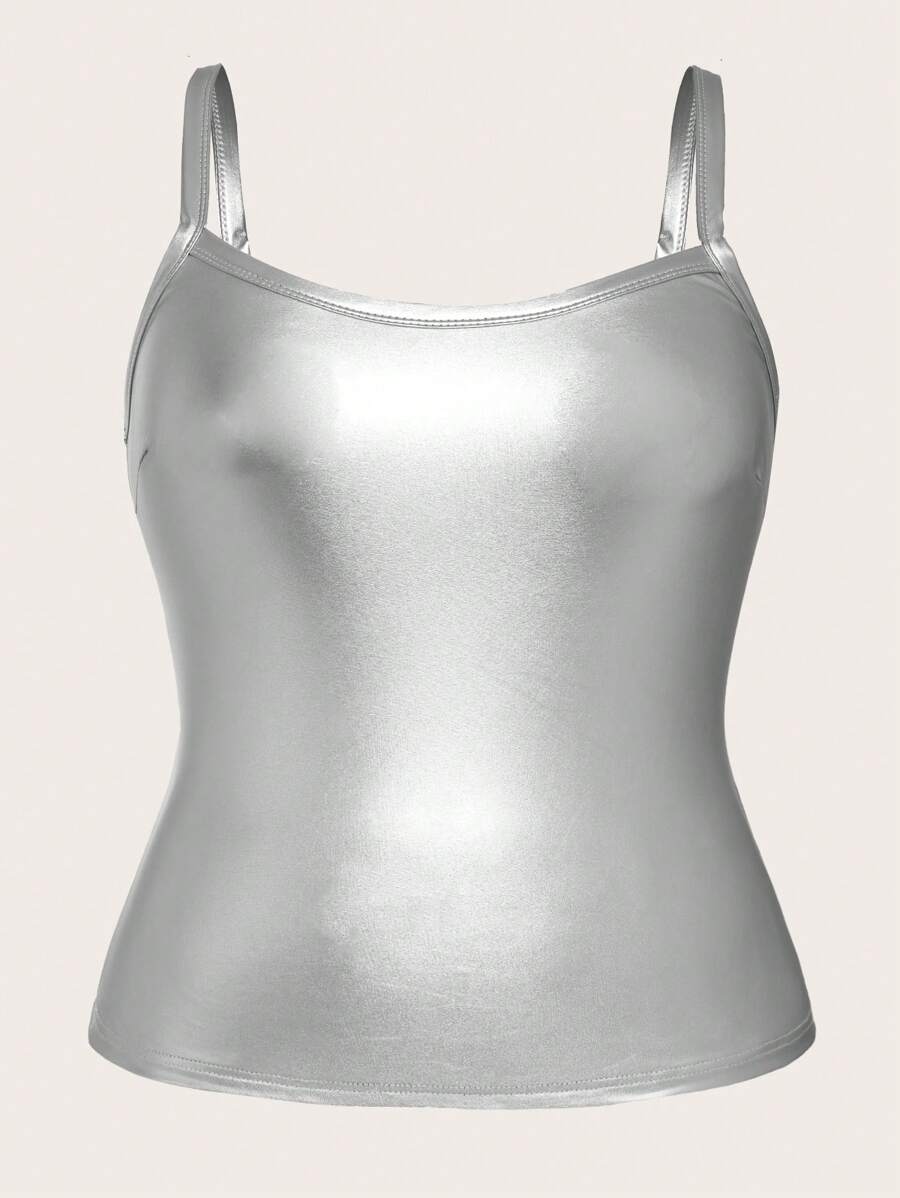 SHEIN ICON Plus Solid PU Leather Cami Top - Silver - View 1