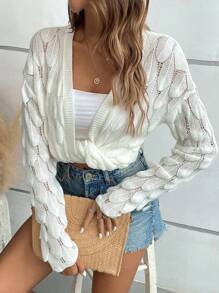 SHEIN LUNE Áo len cardigan thả vai Pointelle - trắng - Xem 3