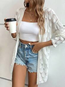 SHEIN LUNE Áo len cardigan thả vai Pointelle - trắng - Xem 1