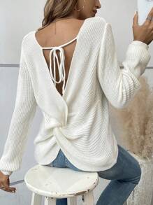 SHEIN LUNE Twist Backless Jumper - White - View 3