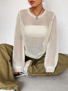 SHEIN Unity Solid Open Knit Jumper Without Tube Top - Apricot - View 3