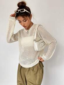 SHEIN Unity Solid Open Knit Jumper Without Tube Top - Apricot - View 4