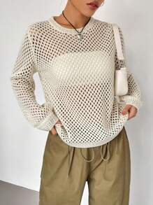 SHEIN Unity Solid Open Knit Jumper Without Tube Top - Apricot - View 1