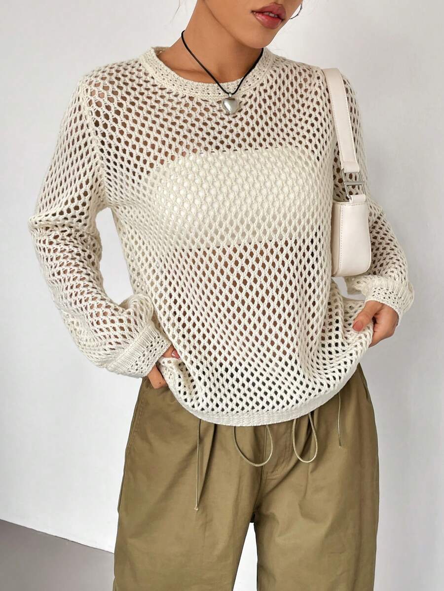 SHEIN Unity Solid Open Knit Jumper Without Tube Top - Apricot - View 1