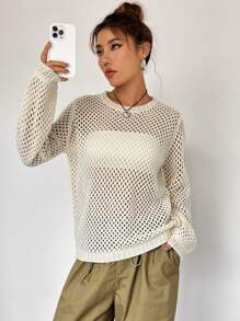 SHEIN Unity Solid Open Knit Jumper Without Tube Top - Apricot - View 6