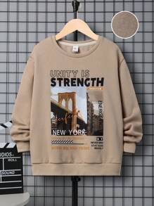 SHEIN 男大童標語圖案加絨內裏運動衫 - 卡其色 - 查看 1