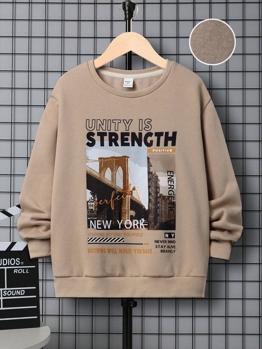 SHEIN 男大童標語圖案加絨內裏運動衫 - 卡其色 - 查看 1