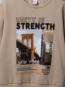 SHEIN 男大童標語圖案加絨內裏運動衫 - 卡其色 - 查看 5