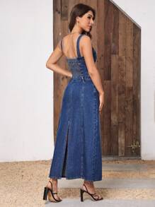 SHEIN LUNE 前紐扣牛仔裙 - 深色水洗藍 - 查看 1