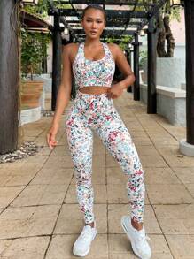 Easithlete Allover Floral Print Racer Back Sports Set - White - View 2