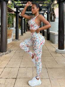 Easithlete Allover Floral Print Racer Back Sports Set - White - View 3