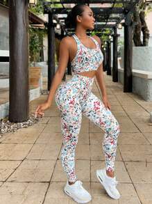Easithlete Allover Floral Print Racer Back Sports Set - White - View 5