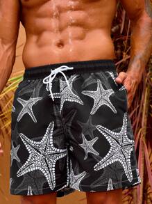 Surfspeed Men Starfish Print Drawstring Waist Swim Trunks