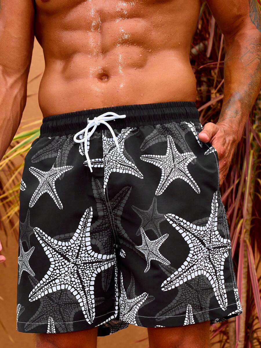 Surfspeed Men Starfish Print Drawstring Waist Swim Trunks