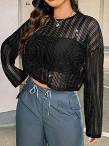 SHEIN EZwear 大碼落肩袖短款上衣不附胸罩 - 黑色 - 查看 1