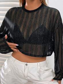 SHEIN EZwear 大碼落肩袖短款上衣不附胸罩 - 黑色 - 查看 2