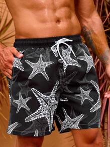 Surfspeed Men Starfish Print Drawstring Waist Swim Trunks
