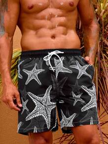 Surfspeed Men Starfish Print Drawstring Waist Swim Trunks