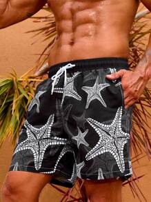 Surfspeed Men Starfish Print Drawstring Waist Swim Trunks