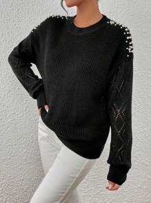 SHEIN LUNE Ngọc trai đính cườm Thả vai Dệt kim chấm bi Áo len - màu đen - Xem 1