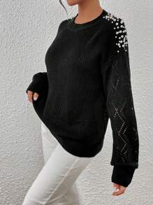 SHEIN LUNE Ngọc trai đính cườm Thả vai Dệt kim chấm bi Áo len - màu đen - Xem 3