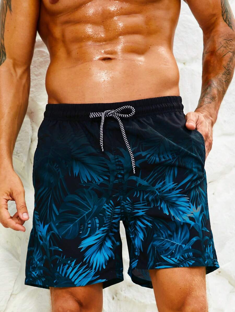 Zalmeno Men Tropical Print Drawstring Waist Swim Trunks,Hawaiian - Multicolor - View 1