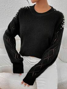 SHEIN LUNE Ngọc trai đính cườm Thả vai Dệt kim chấm bi Áo len - màu đen - Xem 4