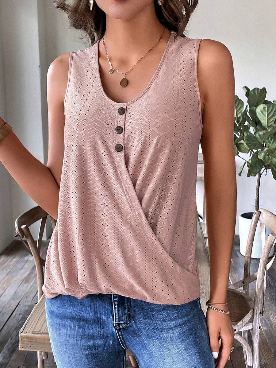 SHEIN LUNE Lỗ gắn thêu Chi tiết Nút Áo ba lỗ - Bụi hồng - Xem 1