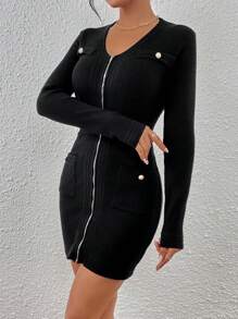 SHEIN Privé Túi Kép Dây kéo Đầm Áo len - màu đen - Xem 7