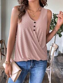 SHEIN LUNE Lỗ gắn thêu Chi tiết Nút Áo ba lỗ - Bụi hồng - Xem 4
