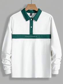 Manfinity RebelGame Men Color Block Letter Graphic Long Sleeve Half Button Contrast Collar Polo Shirt, For Boyfriend Gift, Going Out - White - View 1