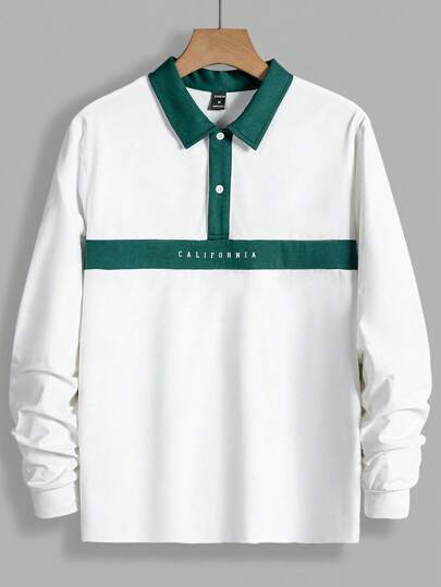 Manfinity RebelGame 男士彩色块字母图案长袖半扣撞色领 Polo 衫，适合送给男朋友的礼物，外出