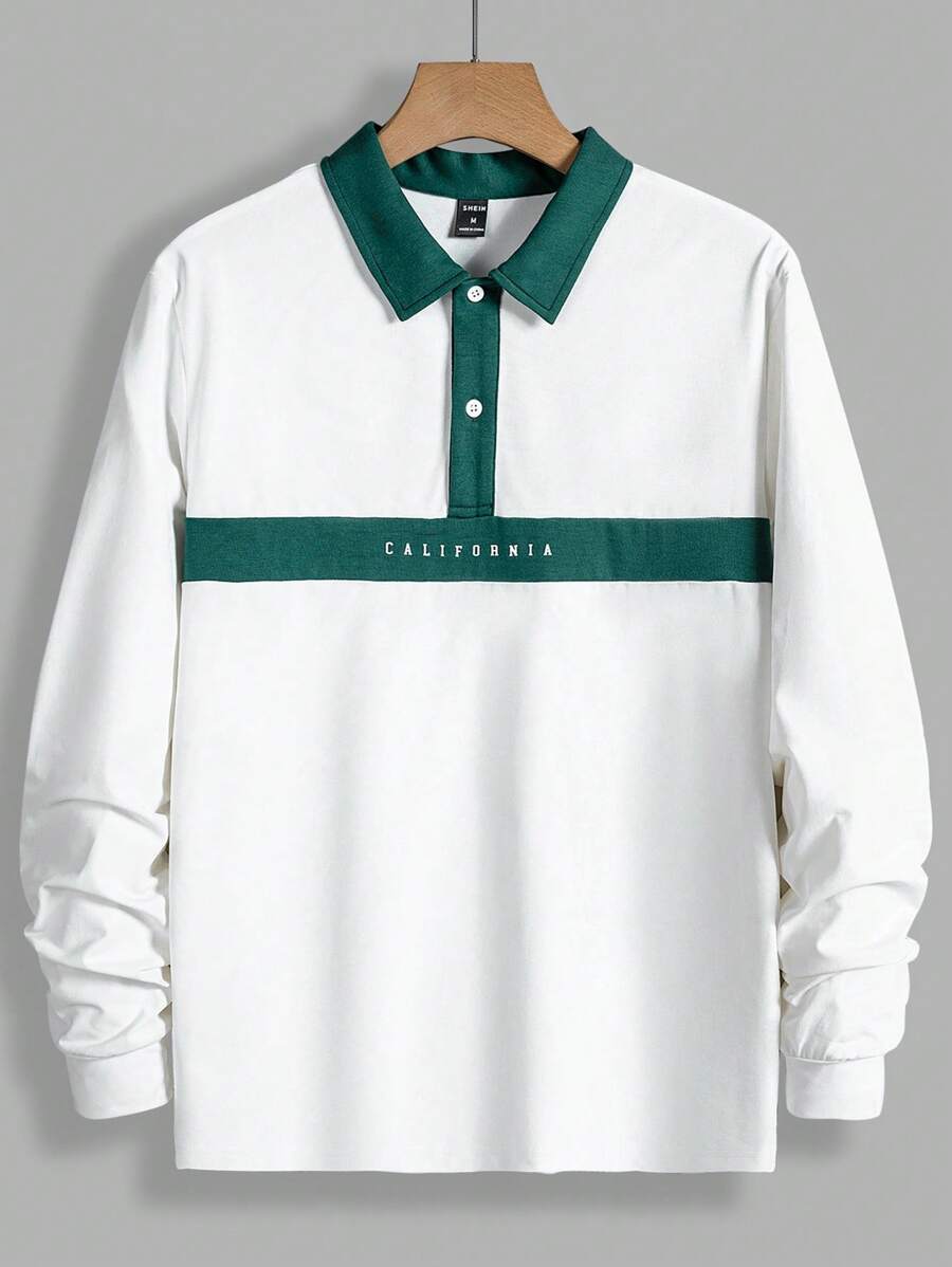 Manfinity RebelGame Men Color Block Letter Graphic Long Sleeve Half Button Contrast Collar Polo Shirt, For Boyfriend Gift, Going Out - White - View 1