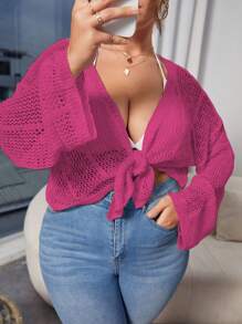 SHEIN Unity Plus Drop Shoulder Open Knit Knot Front Cardigan - Hot Pink - View 1