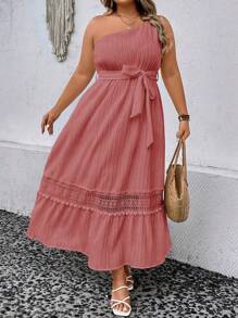 Breezaya Plus Guipure Lace Insert One Shoulder Ruffle Hem Belted Dress - Pink - View 1