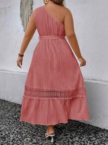 Breezaya Plus Guipure Lace Insert One Shoulder Ruffle Hem Belted Dress - Pink - View 2