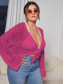 SHEIN Unity Plus Drop Shoulder Open Knit Knot Front Cardigan - Hot Pink - View 4