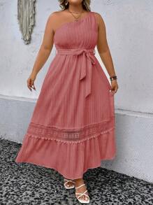 Breezaya Plus Guipure Lace Insert One Shoulder Ruffle Hem Belted Dress - Pink - View 3