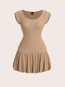 SHEIN Qutie Solid Ruffle Hem Dress - Apricot - View 1