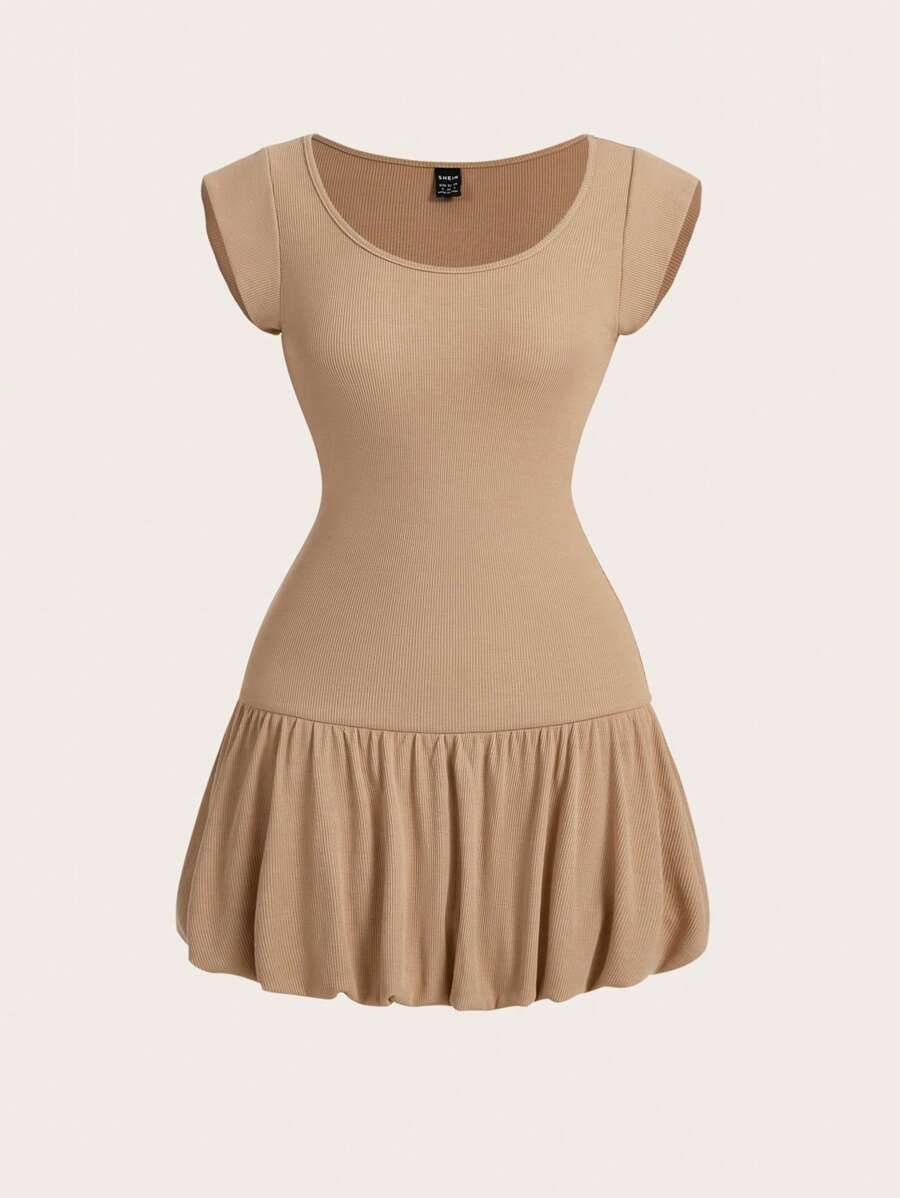 SHEIN Qutie Solid Ruffle Hem Dress - Apricot - View 1