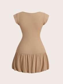SHEIN Qutie Solid Ruffle Hem Dress - Apricot - View 2