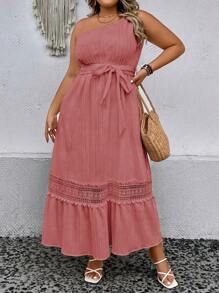 Breezaya Plus Guipure Lace Insert One Shoulder Ruffle Hem Belted Dress - Pink - View 6