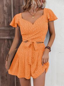 SHEIN LUNE 碎花蝴蝶袖前打結短款上衣&短褲