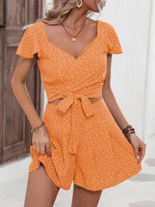 SHEIN LUNE 碎花蝴蝶袖前打結短款上衣&短褲