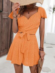 SHEIN LUNE 碎花蝴蝶袖前打結短款上衣&短褲