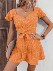 SHEIN LUNE 碎花蝴蝶袖前打結短款上衣&短褲